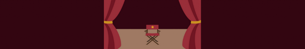cartoon of a director's chair on a stage with curtains, alluding to campaign video directors
